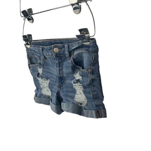 Aero Shorts Womens Size 2 Blue High Rise Midi Stretch Denim Distressed - Picture 2 of 7
